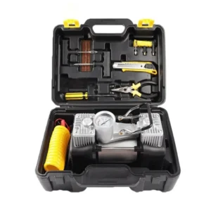 Kit pană auto cu compresor 12V, 2 cilindri și 7 accesorii – soluție rapidă pentru drumuri sigure