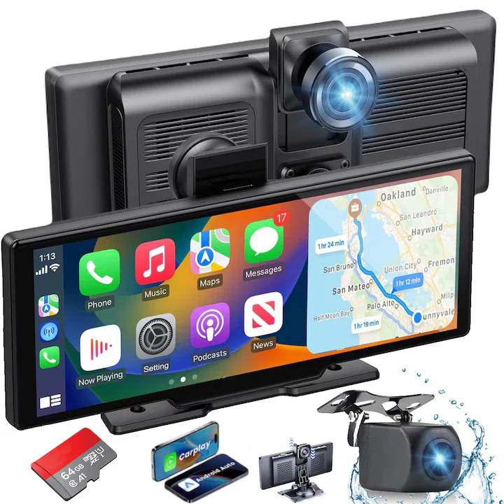 Navigație Auto Universală, Display Touchscreen 10.26”, Wireless CarPlay & Android Auto, Cameră Față 4K + Spate 1080P, Card...
